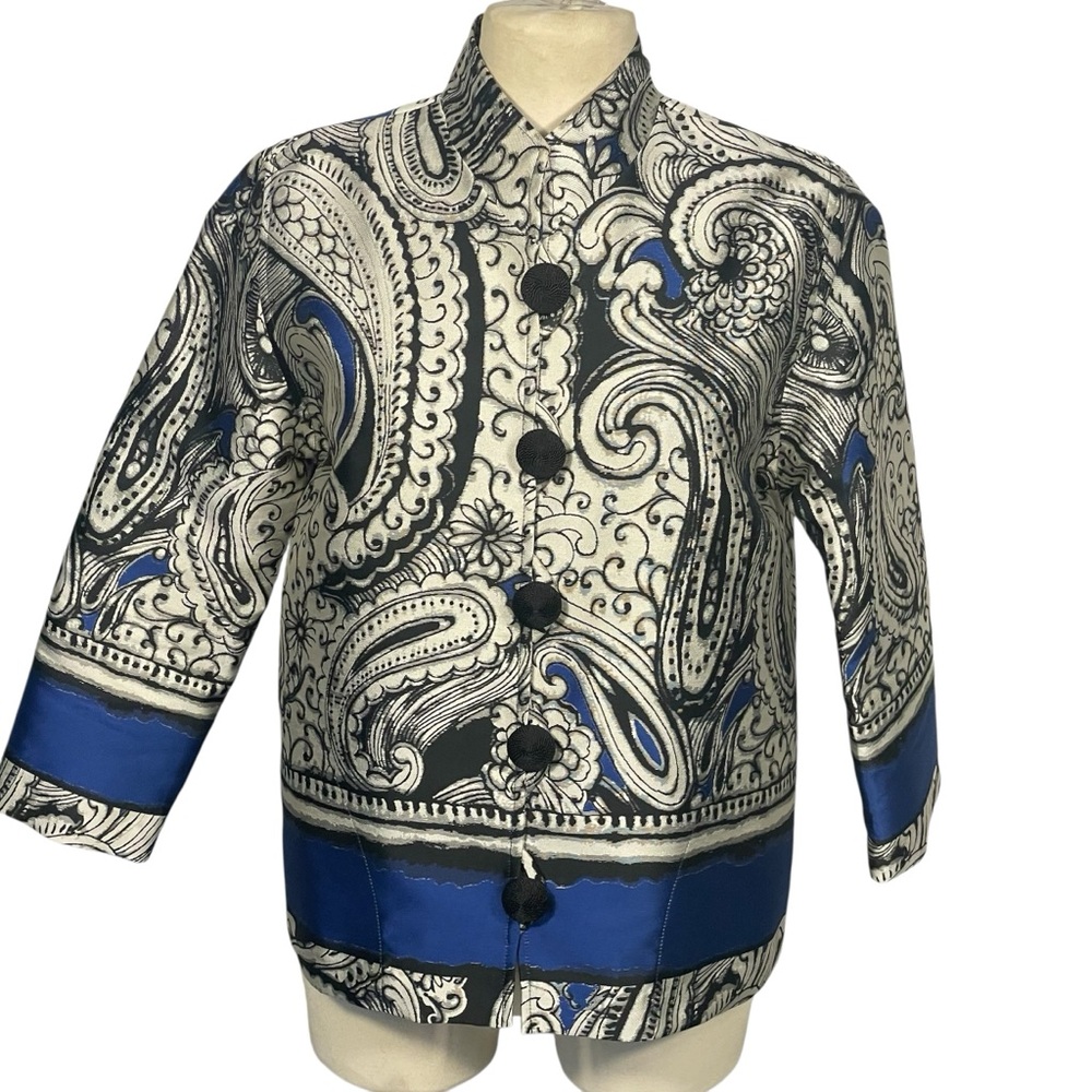 Caroline Rose Black White Blue Paisley Graphic Art To Wear Blazer Jacket Sz XS/S